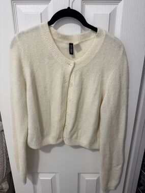 H&M Cream Fuzzy Button-Up Knit Cardigan